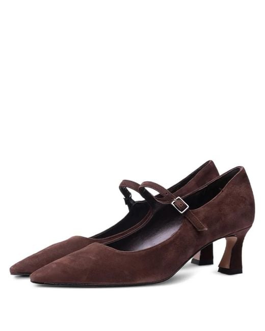 Poche Paris Brown Buckle-Strap Heeled Pumps