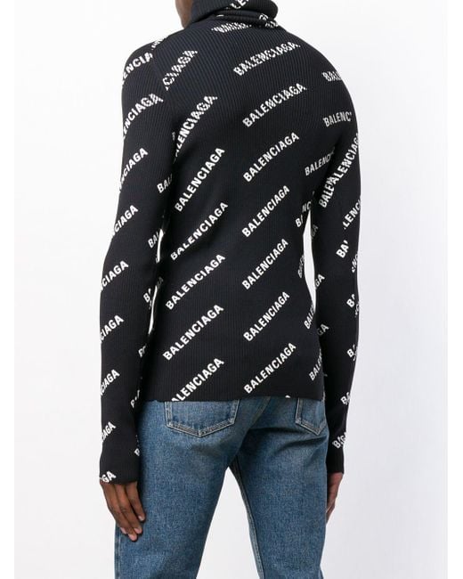 Balenciaga Black Logo Print Roll Neck Sweater for men