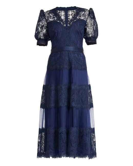 Tadashi Shoji Embroidered Pleated Midi Dress in Blue | Lyst