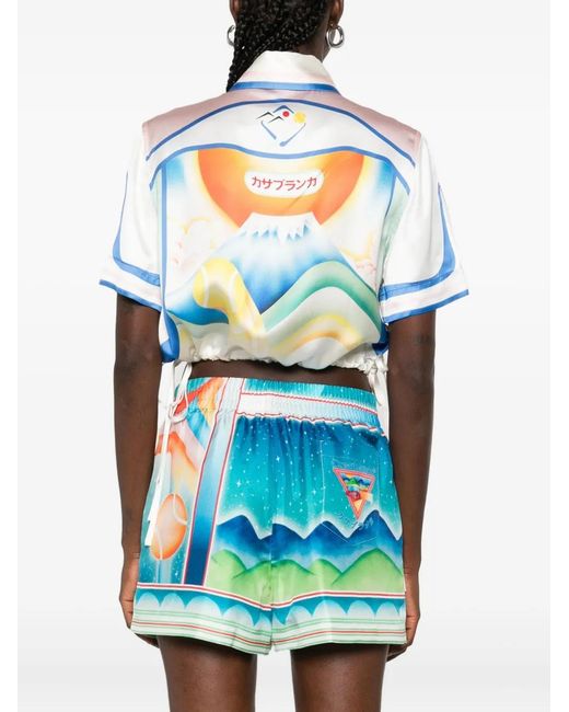 Casablanca Blue Printed Satin Crop Shirt
