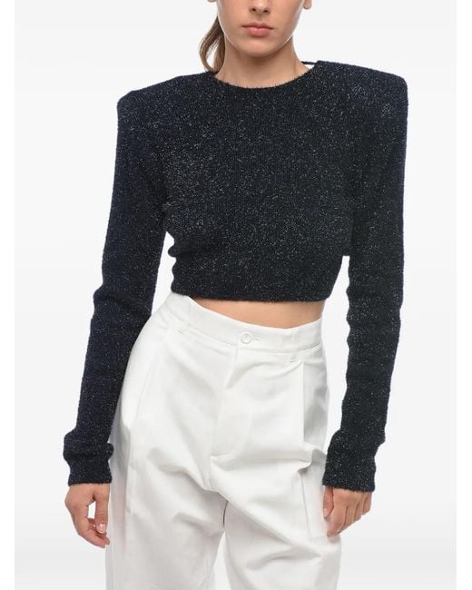 ROTATE BIRGER CHRISTENSEN Blue Padded-Shoulder Lurex Cropped Sweater