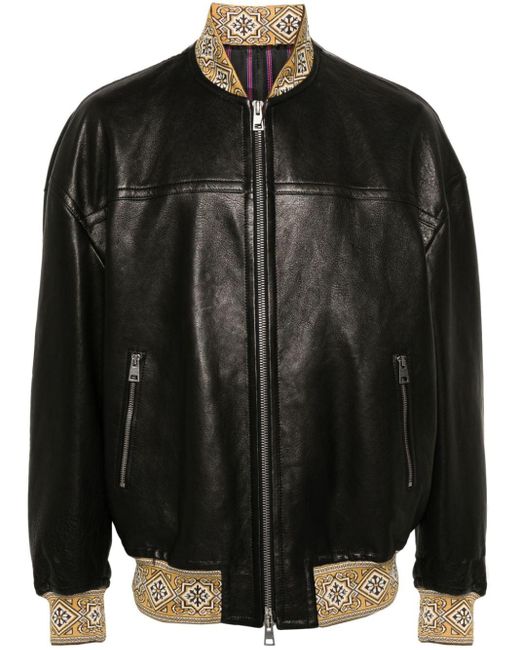 Etro Black Embroidered-logo Leather Jacket for men