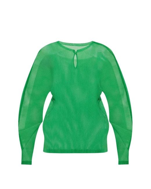 Pleats Please Issey Miyake Green Tatami April Keyhole-Neck Blouse