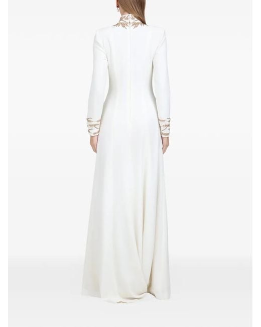 Dina Melwani White Embellished High-Neck Crepe Gown Maxi Dress