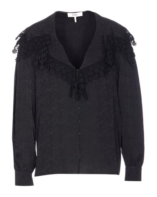 Chloé Blue Lace-Trim Long-Sleeve Blouse