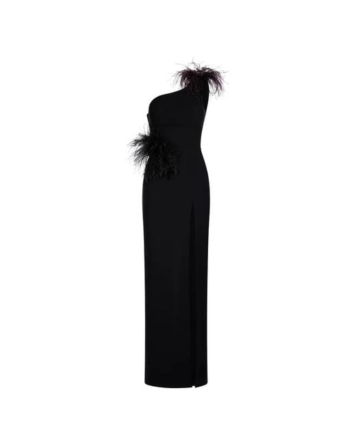 IMROSKA Black 16 Feather-Detail One-Shoulder Maxi Dress