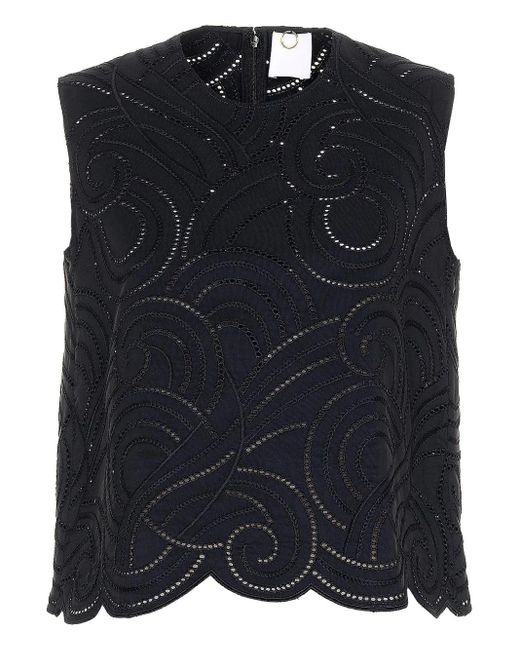 Mantu Black Faille Eyelet-Embroidered Scallop-Hem Blouse