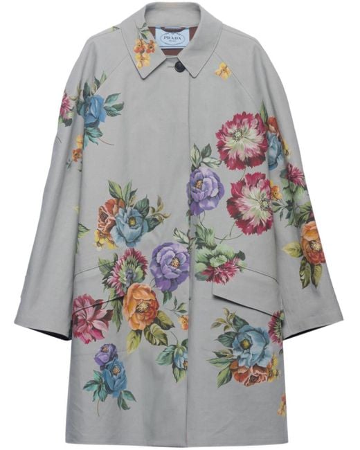 Prada Gray Floral-print Single-breasted Coat