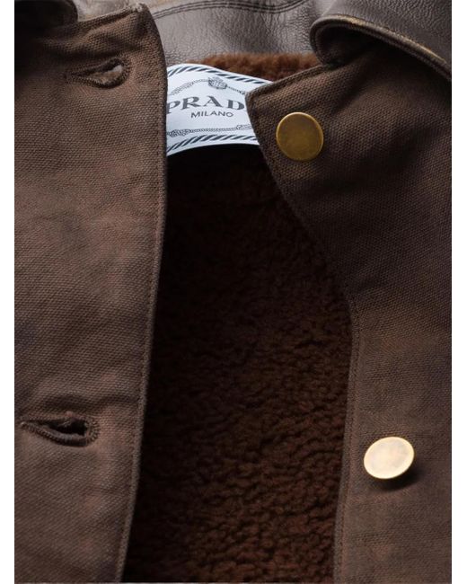 Veste En Toile À Col En Cuir Prada en coloris Brown