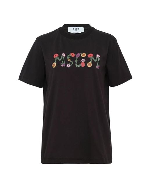 MSGM Black Floral Logo T-Shirt