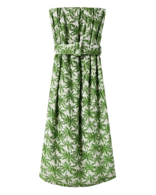 LaDoubleJ Green Schulterfreies Filter Midikleid mit Palmen-Print