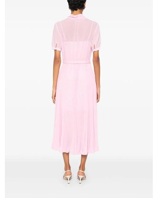 Self-Portrait Pink Pleated Pussy-Bow Midi Dress