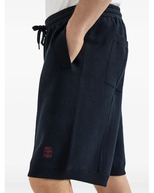 Brunello Cucinelli Blue Cotton And Silk French-Terry Double-Knit Bermuda Shorts With Logo for men