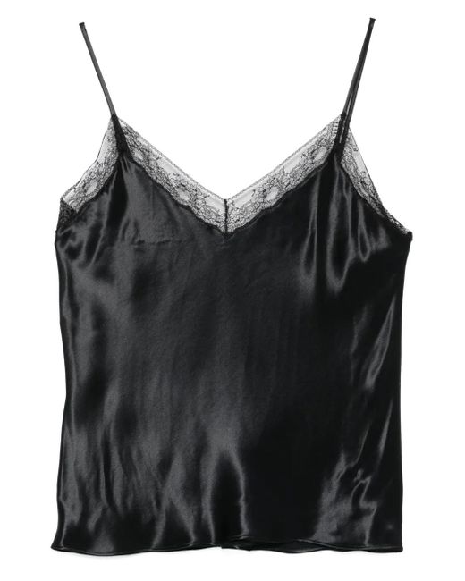 Alberta Ferretti Black Lace-Trimmed Satin Top