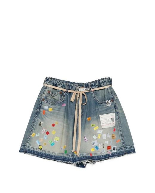 Maison Mihara Yasuhiro Blue Price Tag Printed Denim Gather Shorts