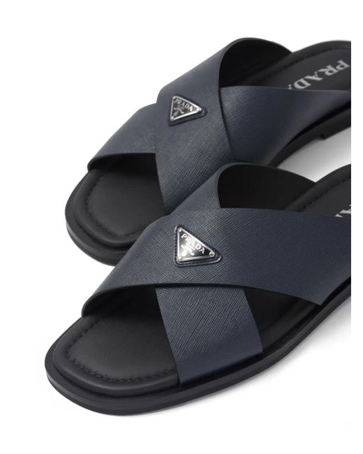 Prada Blue Saffiano-Leather Triangle-Logo Sandals for men