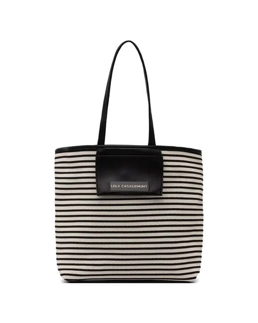 Lola Casademunt Black Striped Logo-Plaque Tote Bag