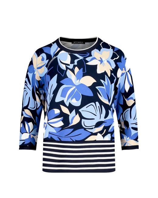 Betty Barclay Blue Floral-Print Striped-Hem Sweater