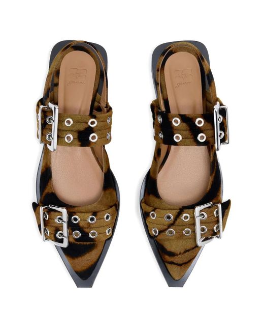 Ganni White Buckle-Detail Zebra-Print Mules