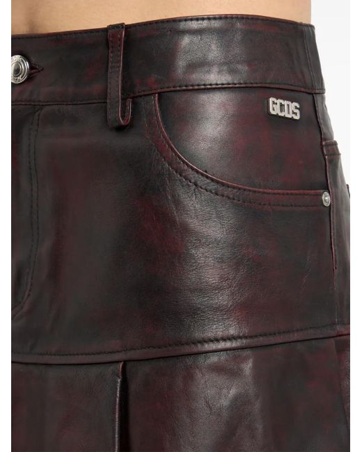 Gcds Brown Leather Pleated Mini Skirt