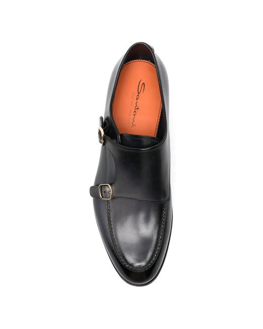 Santoni Black Buckle-Strap Leather Monk Shoes for men