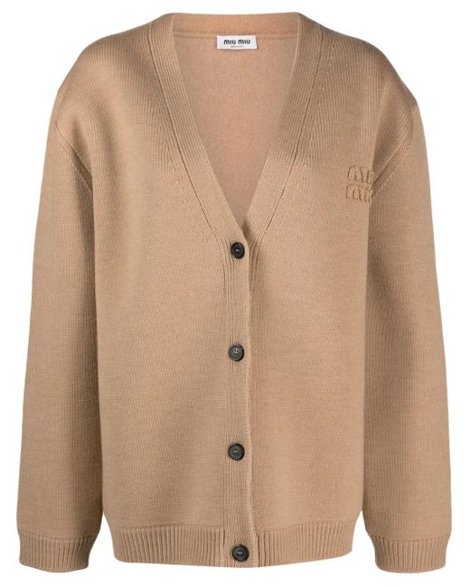 Miu Miu Natural Logo-embroidered Wool Cardigan - Women's - Virgin Wool/recycled Polyamide
