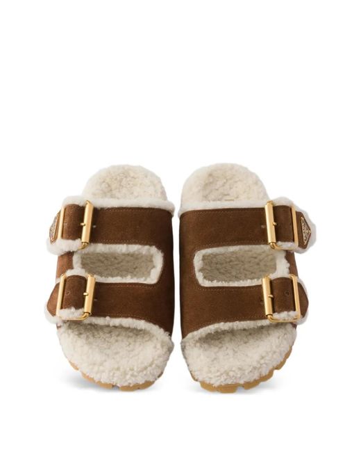 Prada Brown Sandalen Aus Wildleder Und Shearling