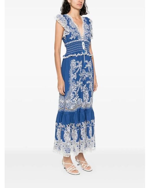 Farm Rio Blue Maxi FARM Rio Embroidered Linen-Blend Maxi Dress in Blue | Lyst