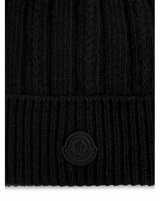 Moncler Black Logo-Patch Ribbed-Knit Beanie Hat