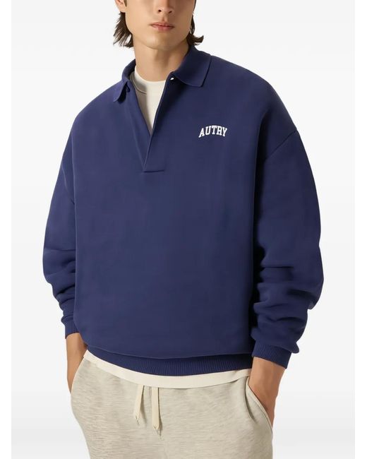 Autry Blue Logo-Print Polo-Collar Sweatshirt for men