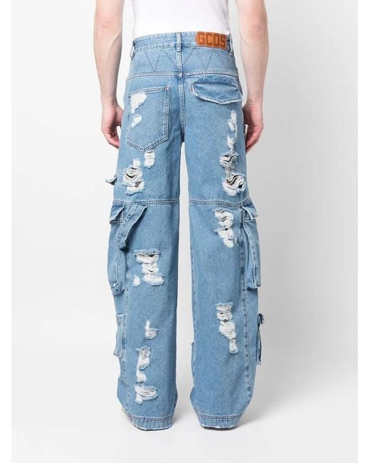 Gcds Blue Distressed Wide-Leg Jeans for men