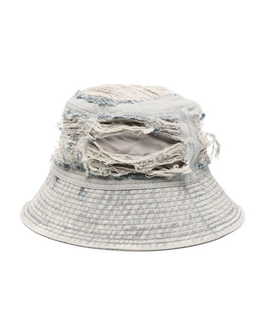Rick Owens White Distressed Denim Bucket Hat