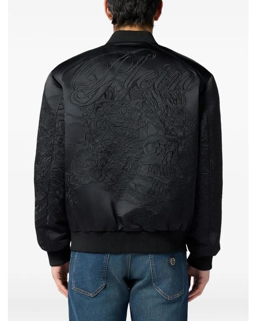 Philipp Plein Black Rear-Embroidered Bomber Jacket for men
