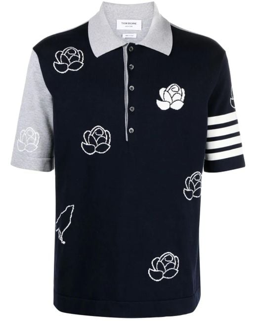 Thom Browne Blue Floral Intarsia-Knit Cotton Polo Shirt for men