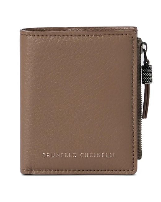 Brunello Cucinelli Brown Grained Calfskin Compact Wallet With Shiny Zipper Pull