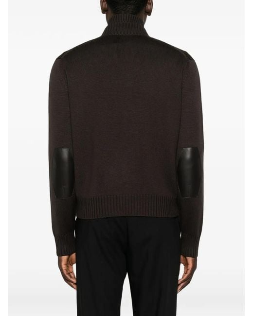 Tom Ford Brown Leather-Elbow Patch Zip-Fastening Cardigan for men