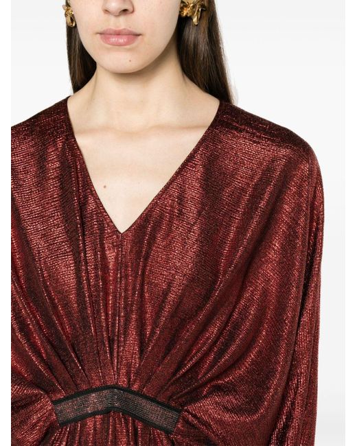 Nissa Red Draped Shimmer Midi Dress