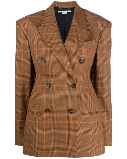 Stella McCartney Brown Double-Breasted Checked Wool Blazer
