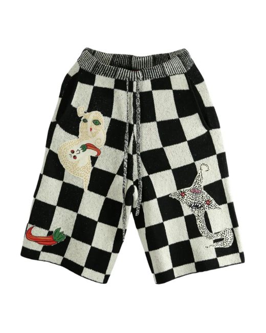 The Elder Statesman Black Nora Lite Creatures Check-Pattern Embroidered Shorts for men