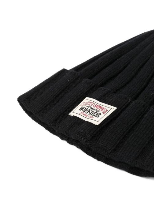 Stussy Black Ribbed-Knit Logo-Patch Beanie for men