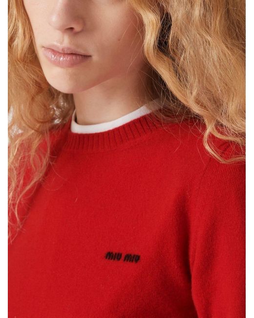 Miu Miu Red Logo-intarsia Knitted Cashmere Top