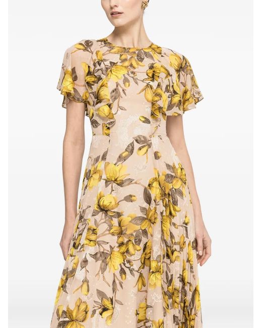 Nissa Metallic Floral-Print Ruffled Midi Dress