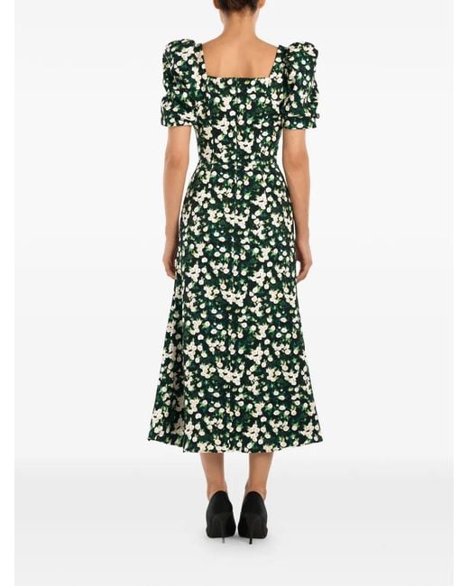 POST MERIDIEM Green Square-Neck Floral-Print Midi Dress