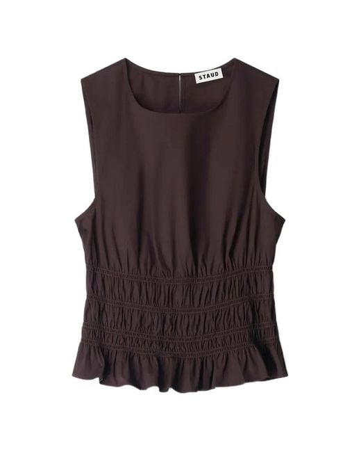 Staud Brown Culver Shirred Ruffled Top