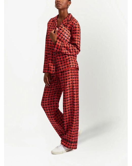 LaDoubleJ Red Cherry-Print Silk Pyjama Set