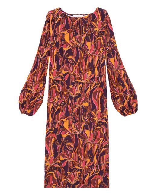 Maliparmi Red Floral-Print Balloon-Sleeve Midi Dress