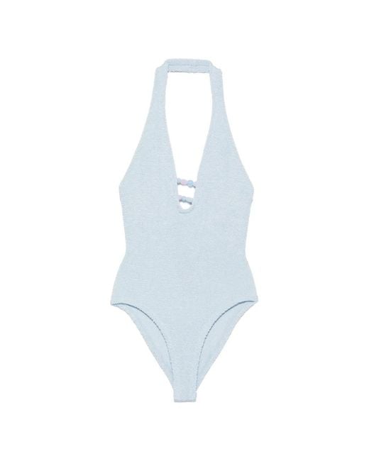 Hunza G Blue Adriana Bead-Embellished Halterneck Swimsuit