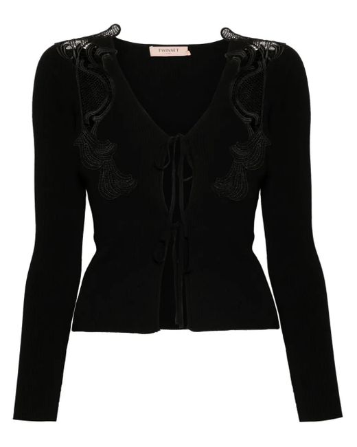 Twinset Black Lace-Panels Ribbed-Knit Cardigan