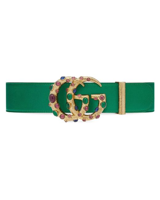 Gucci Green Leather Belt With Crystal Double G Buckle