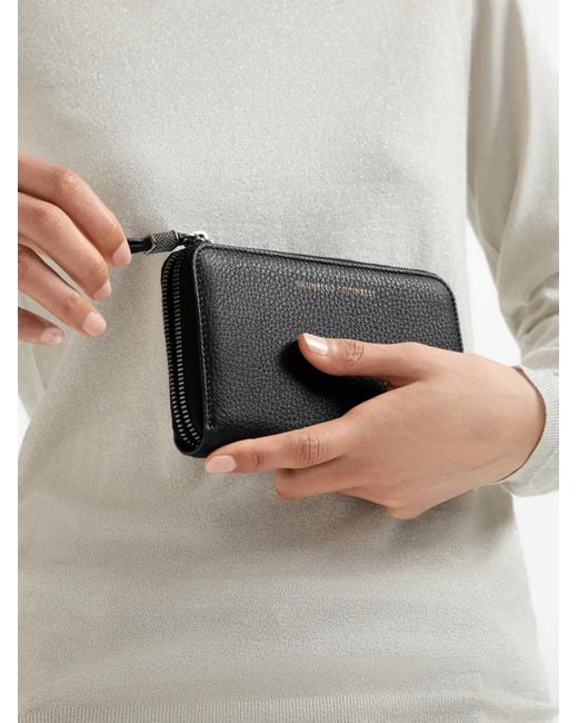 Brunello Cucinelli Black Grained Calfskin Wallet With Shiny Zipper Pull